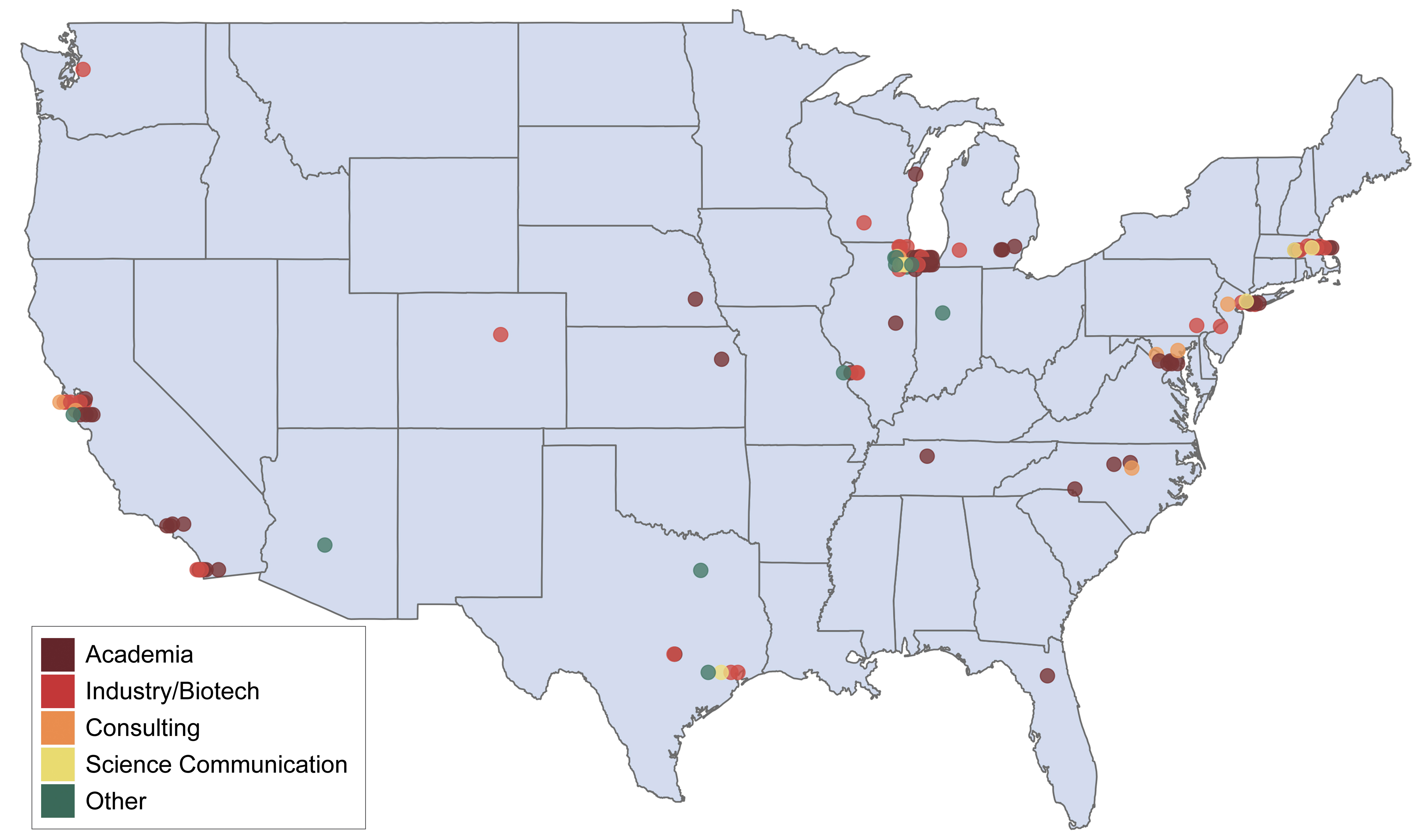 US map with locations marked