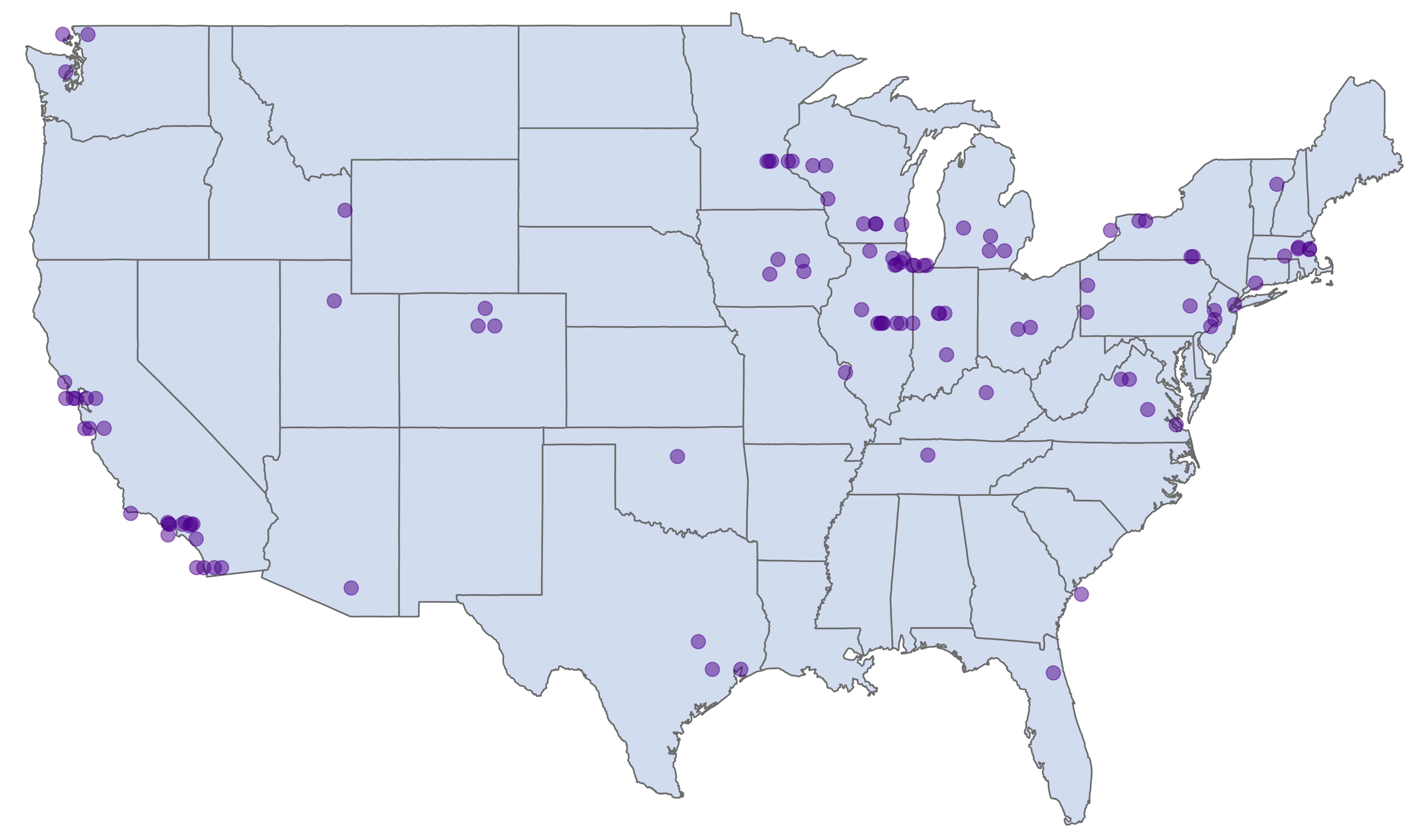 US map with locations marked